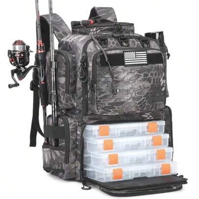 mochila de pesca táctica con cajas de trast sostende la barra y sostende de la botella 50 L grande de la caja de trastmochila bolsa de pesca almacena engrany equipo camuflanegro