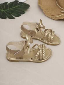1 Pasang Sandal Anak Perempuan dengan Hiasan Pita, Desain Anyaman Silang Klasik, Sandal Datar Musim Panas Baru untuk Anak-anak, Cocok untuk Sekolah, Pesta, Jalan-jalan, Sandal Anak dengan Perekat Velcro - Emas - View 6