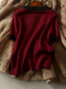 Dark Red Fashionable Contrast Color Round Neck Short Sleeve Pullover Knit Top For Women, Summer New Casual Versatile Contrast Color Patchwork Striped Rib Knit Trim Net Patchwork Beach Vacation - Dark Red Patchwork - View 2