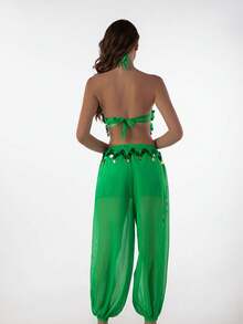 2件套阿拉伯风格亮片硬币肚皮舞服装，女士吊带背心+开衩哈伦裤，适合嘉年华表演舞台演出（多种颜色可选） - 彩色 - 查看 4