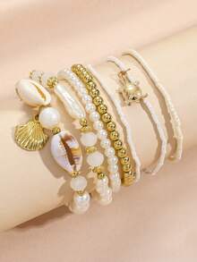 Bộ 7 vòng tay xếp lớp bằng vỏ sò, ngọc trai và hạt cườm, thiết kế phong cách Boho có thể xếp chồng lên nhau, thích hợp cho nữ, đi biển, nghỉ mát, họa tiết vỏ sò ngẫu nhiên, ý tưởng quà tặng tuyệt vời (Số lượng hạt cườm không cố định theo chiều dài). - bộ vòng tay - Xem 3