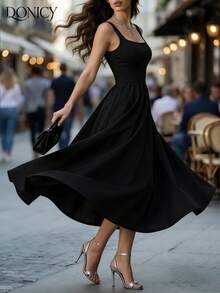 DONICY 女士优雅连衣裙，黑色方领粗肩带A字长裙，修身复古风，适合冬季或新年穿着，优雅 - 黑色 - 查看 4