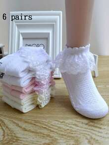 6 Pairs Girls' Lace Trim Dance Socks, Party & School Socks For Big Kids - Multicolor - View 8