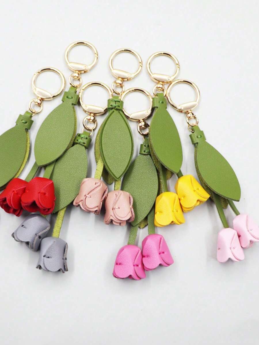 Tulip Handmade Leather Goods, Flower Bag Pendant, Keychain, Homemade Hand Sewn Car Key Pendant Floral Bridesmaid Gifts - 粉色 - 查看 1