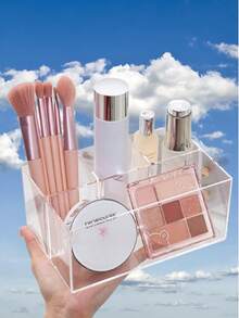 1pc Transparent 4-Grid Makeup Organizer Box, Clear Compartment Pencil Holder, Brush Pot, Cosmetic Storage Box For Bathroom, Bedroom, Travel Essentials, Organizer, Beauty - Clear - View 4