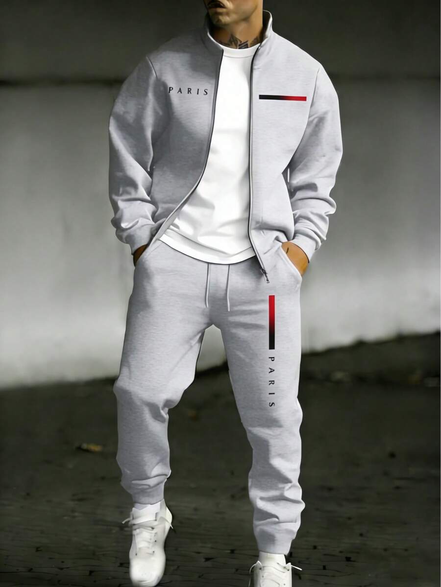 Men's Paris Print Tracksuit Set 2 Piece Casual Zip Up Jacket And Jogger Pants Streetwear - Grey - View 1