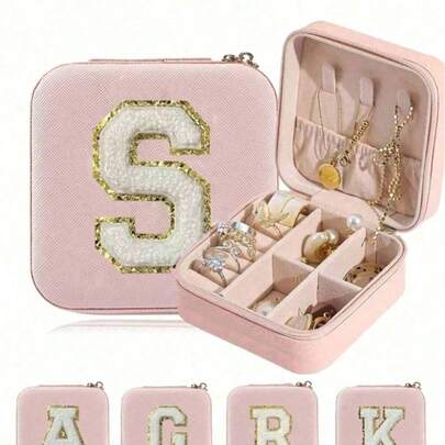 1pc Initial A-Z Jewelry Box, Mini Waterproof PU Jewelry Storage Box, Jewelry Organizer, Earring Holder, Bathroom Cosmetic Organizer, Perfume Box, Bridesmaid Gift, Ideal For Holidays, Mother's Day, Summer Travel, Best Gift For Women