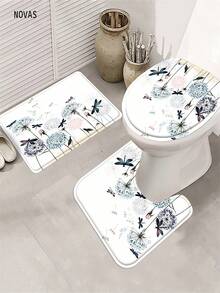 1/3/4 piezas Cortina de ducha con estampado de libélula y floral en acuarela, juego de alfombra de baño con estampado de olas estrelladas de estilo natural minimalista, impermeable y antideslizante, tapa de inodoro y alfombra en forma de U, 12 ganchos, adecuado para el hogar/dormitorio/sala de estar/artículos para el hogar - A - Ver 15