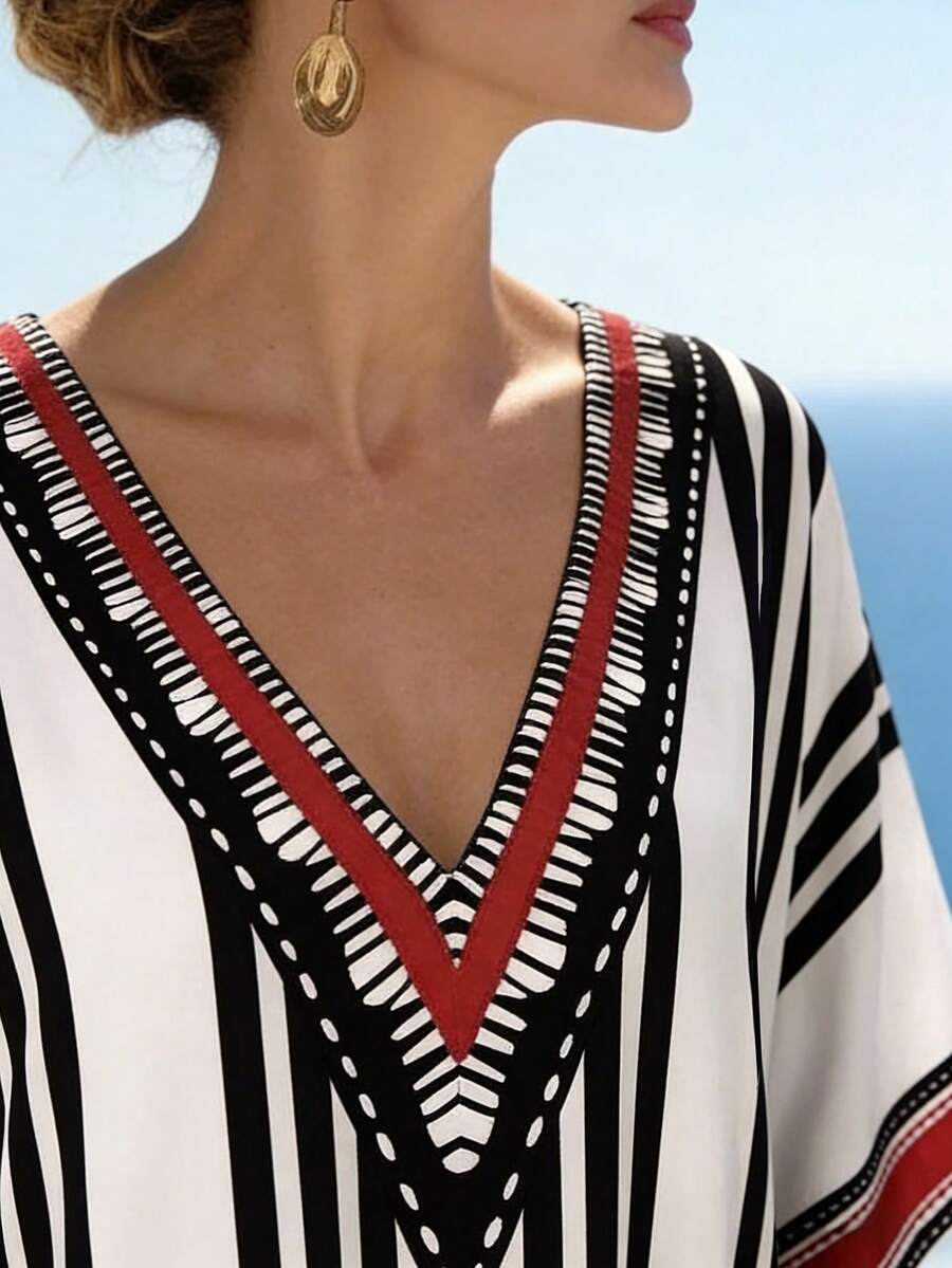 CHARIS Plus Size Black & White Striped V-Neck Straight Dress, Summer Bohemian Loose Flattering Vacation Dress Elegant - Multicolor - View 1