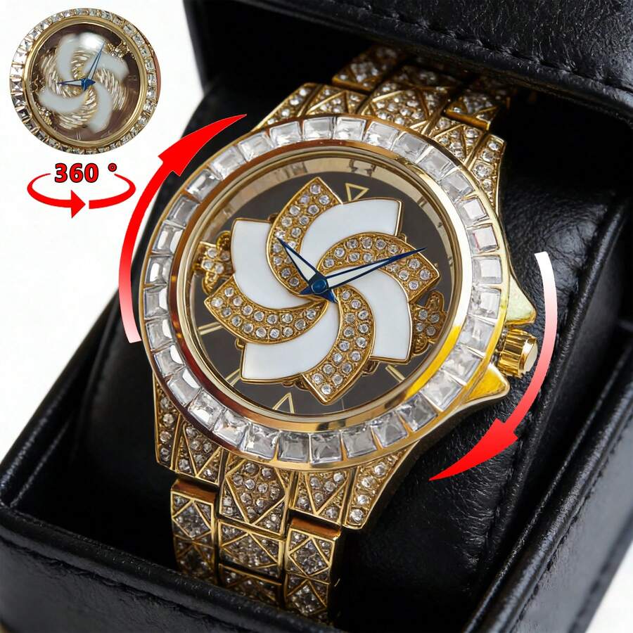 Đồng hồ nam cao cấp mặt số xoay 360° với thiết kế khảm đá quý, đồng hồ thạch anh xoay 360° hình cối xay gió.