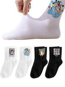 Bluey 1双卡通布鲁伊动漫印花袜子，可爱宾果狗可可锈松饼图案，休闲日常穿着，直筒袜，适合生日派对、摄影道具等场合。 - 多色 - 查看 1