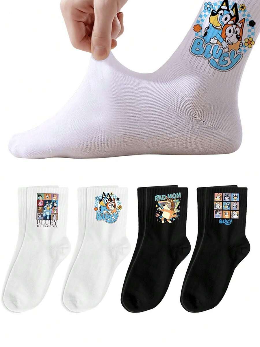 Bluey 1双卡通布鲁伊动漫印花袜子，可爱宾果狗可可锈松饼图案，休闲日常穿着，直筒袜，适合生日派对、摄影道具等场合。 - 多色 - 查看 1