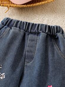 女婴可爱卡通小狗印花休闲牛仔裤，夏季 - 藍色 - 查看 3