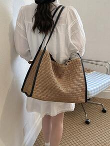 黑色PU皮革饰边人字纹编织手提包，手工编织纸草材质，大容量通勤包，PU皮革肩带，磁扣开合，简约休闲风格女士单肩包，适合通勤、旅行、海滩、日常使用，法式简约设计 - 卡其色 - 查看 5