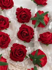 5/15/25pcs Artificial Velvet Rose Flower Heads, Suitable For Wedding Party Decor, Cake Decor, Home Living Room Tabletop Decor, Fake Plants, Autumn Decor, Room Decor, Tabletop Decor, Garden Decor, Valentine's Day Bride Wrist Corsage - Red - View 1