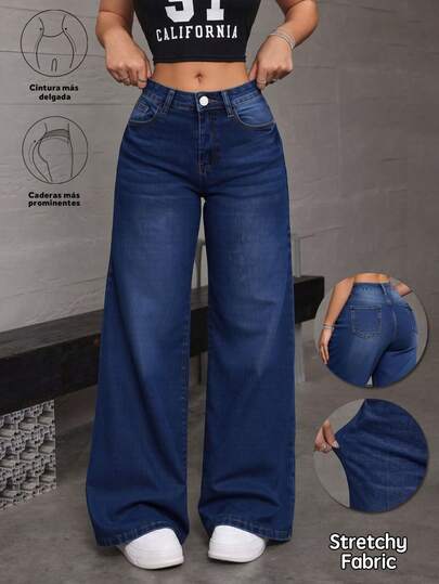 Jeans rectos de mezclilla azul oscuro lavado efecto levantador de glúteos elásticos sueltos