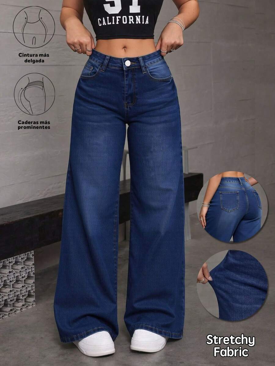 Straight-Leg Jeans In Dark Blue Washed Denim With A Stretchy, Butt-Lifting Effect. - Blue - View 1