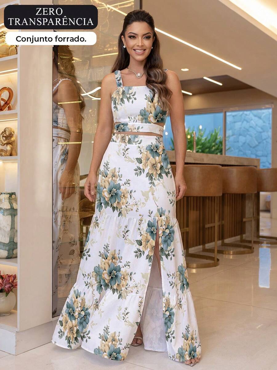 Women's Elegant Printed Cropped Long Skirt Set With Casual Floral Party Pants - 藍圖 - 查看 1