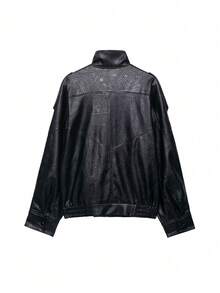 女士复古摩托车仿皮夹克，立领拉链闭合，拼接宽松版型，适合冬季和春季穿着，黑色。 - 黑色 - 查看 12