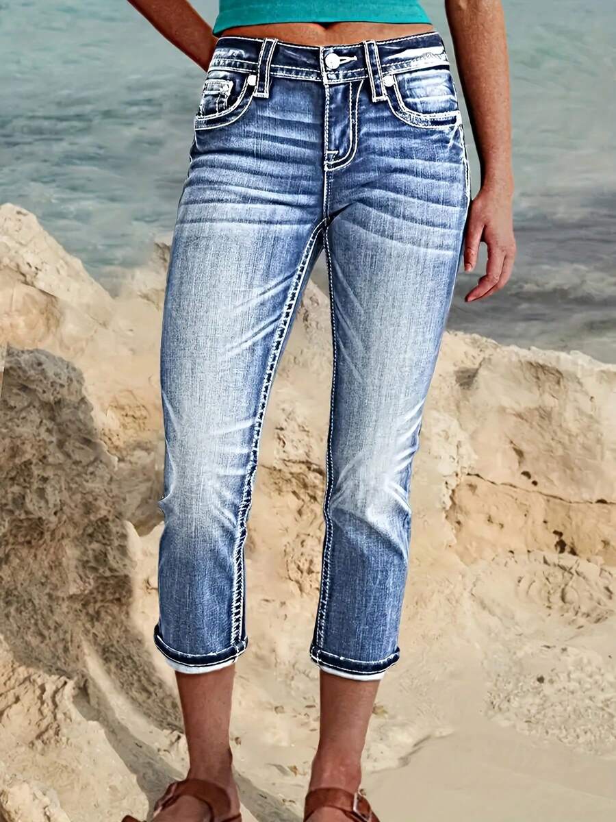 Women's Low Waisted Stretchy Distressed Capri Jeans - Cropped Ankle Length Washed Pants With Side Pockets, High-Elastic Suitable For - Casual Streetwear & Layering - 藍色 - 查看 1