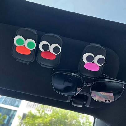 1 pieza Clip magnético para gafas de sol de visera de coche con diseño de ojos grandes de dibujos animados, caja de almacenamiento creativa de gafas para el interior del coche