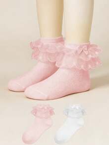 2 Pairs Girls' Solid Color Mesh Socks With Double Lace Trim, Dance Party Socks - Multicolor - View 9