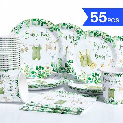 Juego desechable de plato, servilleta y vaso con hojas verdes de eucalipto, adecuado para 10 invitados. Platos de papel desechables, servilletas y vasos, ideales para cumpleaños, bodas, fiestas y picnics familiares.