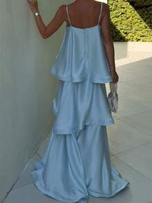 Women Long A Line Party Dress Sleeveless Asymmetrical Neck Woven Fabric With Slit - 淺藍色 - 查看 4