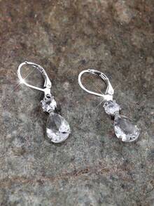 Vanel 1Pair Chic Silvery Pear Cut White Cubic Zirconia Earrings, Double Stone Leverback Earrings, Fashion Jewelry For Women, Elegant Jewelry Gift For Her - Silver-white - View 3