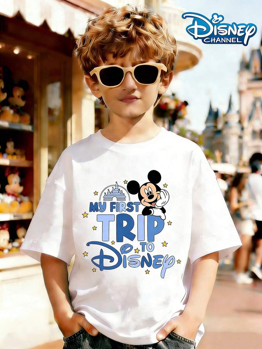 Disney First Trip Commemorative T-Shirt, With A Fresh And Lively Blue And White Color Scheme, Featuring Mickey Mouse And Castle Elements Print Pattern Summer Tops,Short-Sleeved Casual And Cute Style Children's Clothing Design, Girl Clothes For Kids Clothes ,Ropa Para Niños,Teen Girls Clothes, Summer Clothes,Boys Summer Outfits,Boys Clothes,Perfect For Cool Girls. Comfortable And Breathable Children's Short-Sleeved T-Shirt. Comfortable And Casual Wear All Year Children's Clothes,Comfortable & Lightweight, Iconic Print For Mix-And-Match Outfits,Suitable For Both Boys And Girls. - White - View 1