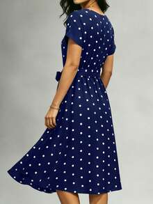 Women's Retro Polka Dot Short Sleeve Midi Dress, Round Neck Waist Tie + Button Front Design, Loose Flowy Casual Dress, Suitable For Daily, Vacation, Commute, Spring/Summer - Navy Blue - View 5