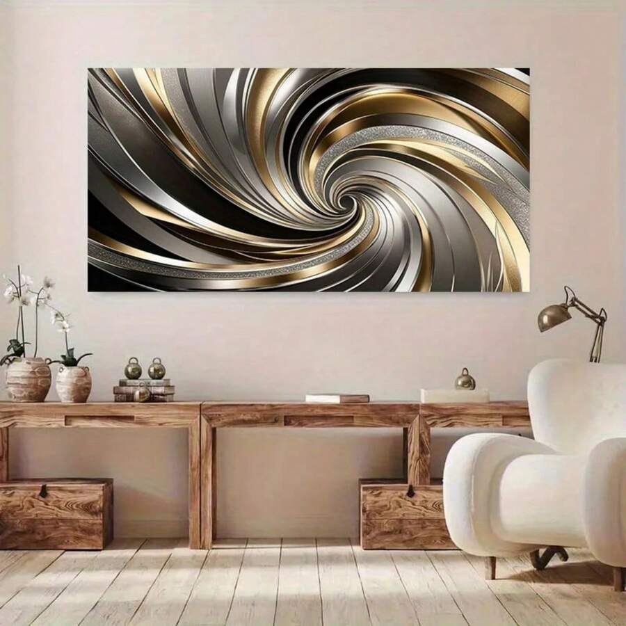 1pc Frameless Modern Minimalist Silver & Gold Wave Wall Art Decor, Suitable For Living Room Decoration, Frameless Modern Canvas Poster Suitable For Bedroom And Living Room