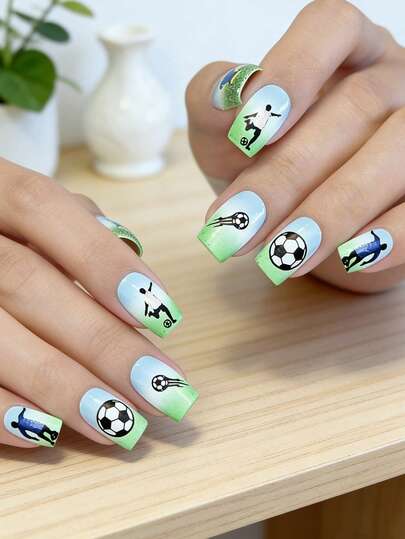 24 móng tay giả hình vuông, dài vừa phải, họa tiết bóng đá World Cup, màu xanh lá cây, thích hợp sử dụng hàng ngày, dự tiệc, du lịch và làm móng.