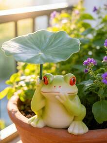 1PC Cute Resin Turtle & Frog Figurine With Leaf Umbrella, Mini Garden Statue For Outdoor Patio, Yard, Lawn, Flower Pot, Bonsai, Micro Landscape, Home Desk Decor, Whimsical Animal Ornament Gift. - Multicolor - View 3