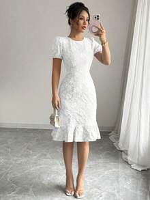 2025 Spring/Summer Women's Elegant Jacquard Solid Color Round Neck Ruffle Hem Puff Sleeve Mid-Length Dress Pink - White - View 8