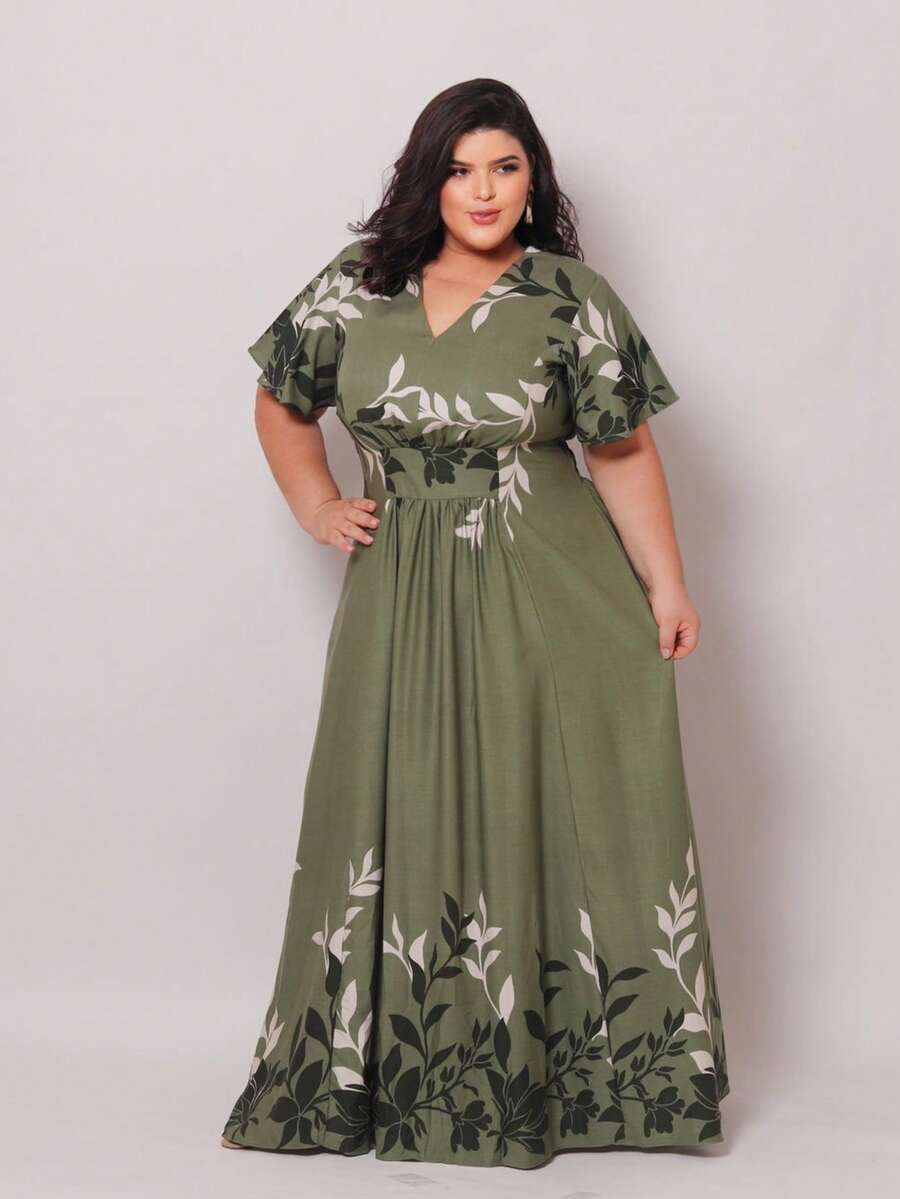 Women's Long Printed Dress With Hem, Viscose Linen Twill, Short Sleeves, Front Gathering, Elastic Back, Elegant - 軍綠色條紋 - 查看 1