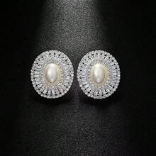 1 Đôi bông tai kẹp hình oval màu bạc đính ngọc trai và đá pha lê, thiết kế thanh lịch, thích hợp cho các bữa tiệc. - Bạc - Xem 3