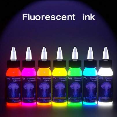 Juego de tinta de tatuaje fluorescente UV, pigmento de tatuaje que brilla en la oscuridad KYM con reacción a la luz UV, 7 colores de tinta de tatuaje neón brillante para arte corporal y maquillaje permanente - Tinta de tatuaje neón, pigmento de tatuaje UV