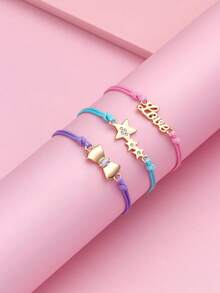 Bộ 3 vòng tay trẻ em thời trang, dễ thương, tối giản, thích hợp làm quà tặng Ngày của Mẹ và quà tặng bạn thân, hình trái tim, mặt trăng, nơ, chữ cái, phù hợp để đeo hàng ngày, làm quà tặng và các dịp lễ hội. - Nhiều màu - Xem 2