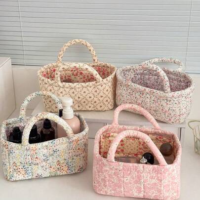 Gentle Ditsy Floral Storage Basket With Dual Handles, Home Bedroom Vanity Makeup Organizer