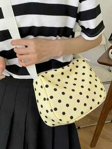 Bolso de estilo coreano con diseño de nicho de lunares y contraste de colores, adecuado para estudiantes universitarios, bolso de hombro, bolso cruzado, para ir y venir, salir, compras diarias, bolso de lona con lunares, bolso de campus - Amarillo - Ver 3