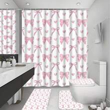 1/4 件套可爱粉色蝴蝶结浴帘套装，现代时尚浴室帘套装，包含防水浴帘、防滑地垫、马桶盖套、浴垫和 12 个塑料挂钩，可机洗，提花编织防水涤纶面料 - A - 查看 5