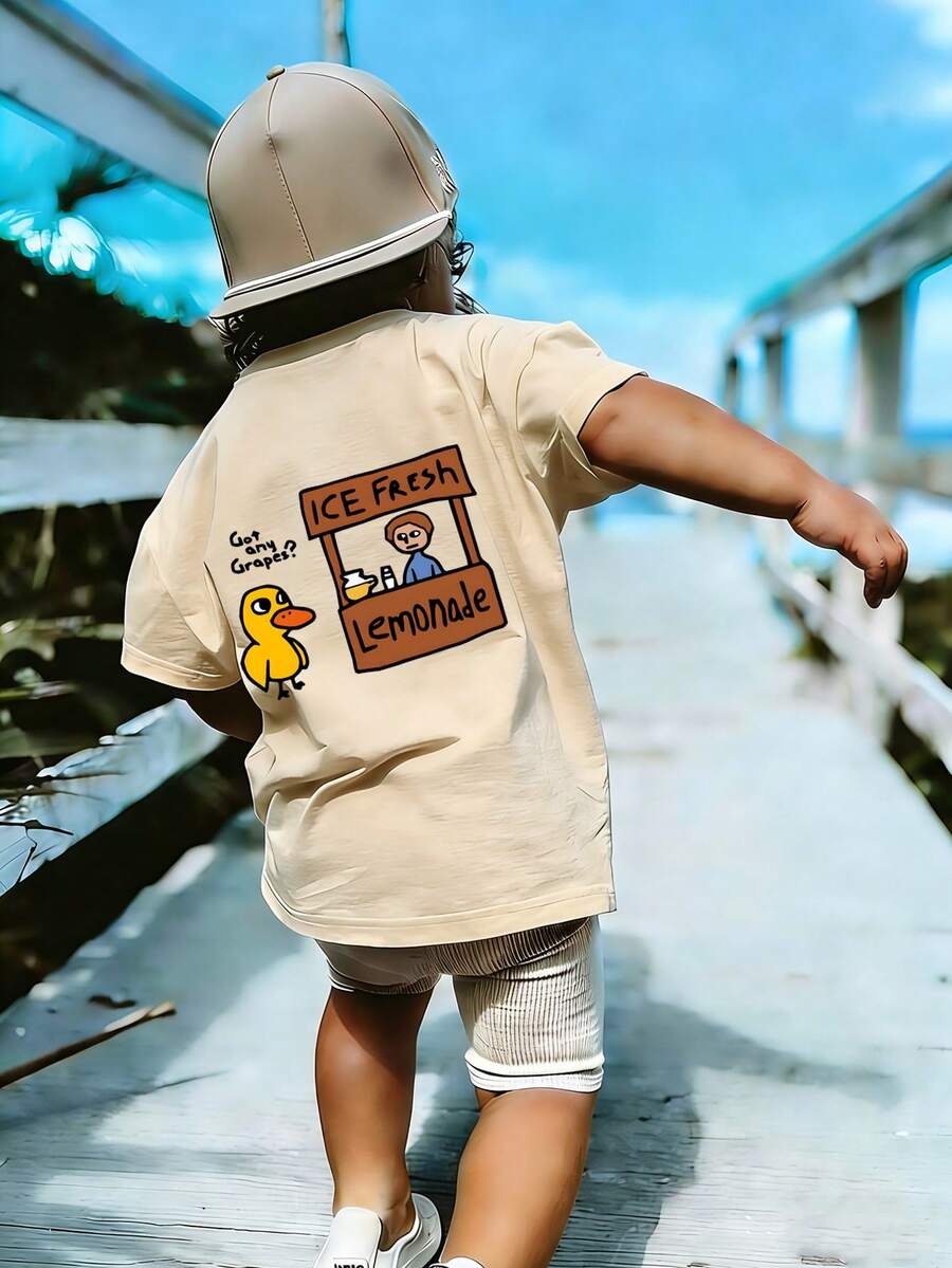 男童休闲印花圆领短袖T恤，夏季上衣 - 杏色 - 查看 1