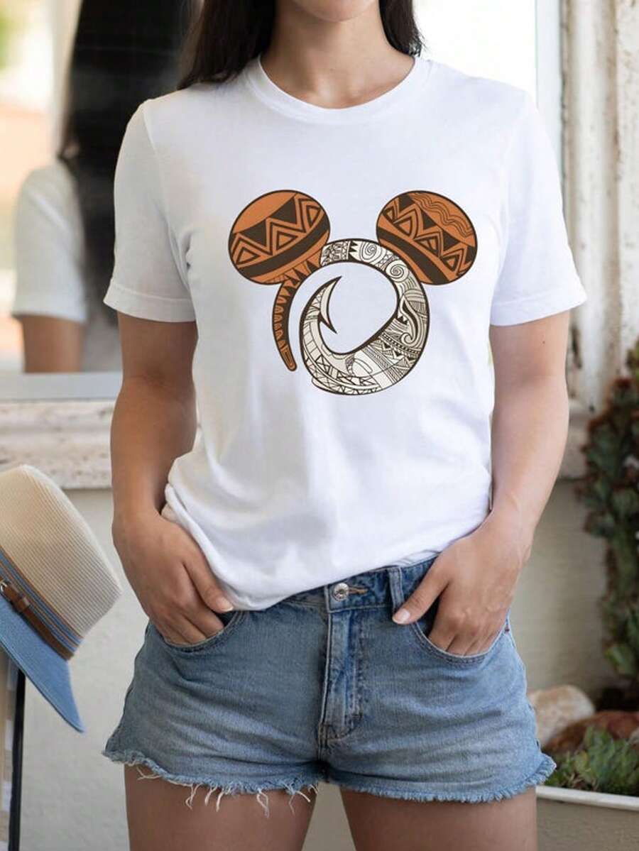Authorize Disney Women's White T-Shirt, Maui Shirt, Maui Mickey Mouse Ear T-Shirt, Moana Shirt, Disney Moana T-Shirt, Disney Family T-Shirt, WDW Travel Shirt, Mickey Mouse Ear Moana T-Shirt, Women's Casual Loose Top, Summer Streetwear, Birthday Gift Shirt, Amusement Park Home Matching Shirt, Text Shirt, Retro Style Amusement Park Travel Shirt, Family Vacation Shirt, Casual Loose T-Shirt. Soft And Breathable Fabric Is Suitable For Themed Activities, Made Of Soft, Comfortable, And Durable Materials. Spring And Summer Women's Round Neck T-Shirts Are Perfect For Daily Wear, Shopping, Parties, Travel, And Gatherings. It Is Also An Exquisite And Classic Sportswear, Women's Shirts, Gift T-Shirts, Summer Clothes - White - View 1