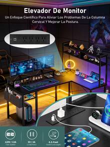 L-Shaped Gaming Desk With Shelves - 48-Inch Corner Computer Desk With Storage Shelf, Reversible Pegboard, LED Lights, Power Outlets, PC Monitor Stand For Bedroom, Black - Black - View 8