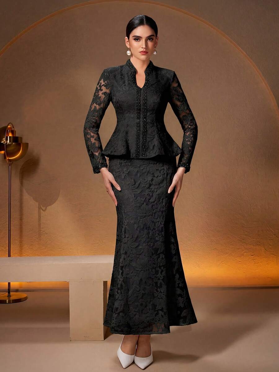 Gaun Set 2 Potong Elegan Baru, Leher V, Desain Lengan Berhiaskan Mutiara di Bagian Depan, Kain Kustom Hitam - Hitam - View 1