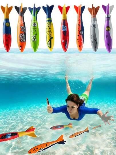 8pcs/4pcs Diving Torpedo Pool Accessories, Inflatable Pool Floats, Underwater Diving Torpedoes (Sharks), Underwater Slide Pool Torpedoes, Colorful Sinking Swimming Toys, Throwing Gifts For Summer Swimming, Pet & Adult Diving Training Water Sports, Holiday Essential, Pool & Beach Supplies