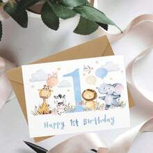 Thiệp chúc mừng sinh nhật lần thứ nhất cho bé trai, thiết kế động vật hoang dã dễ thương, Chúc mừng sinh nhật! Món quà sinh nhật sáng tạo. - A - Xem 5