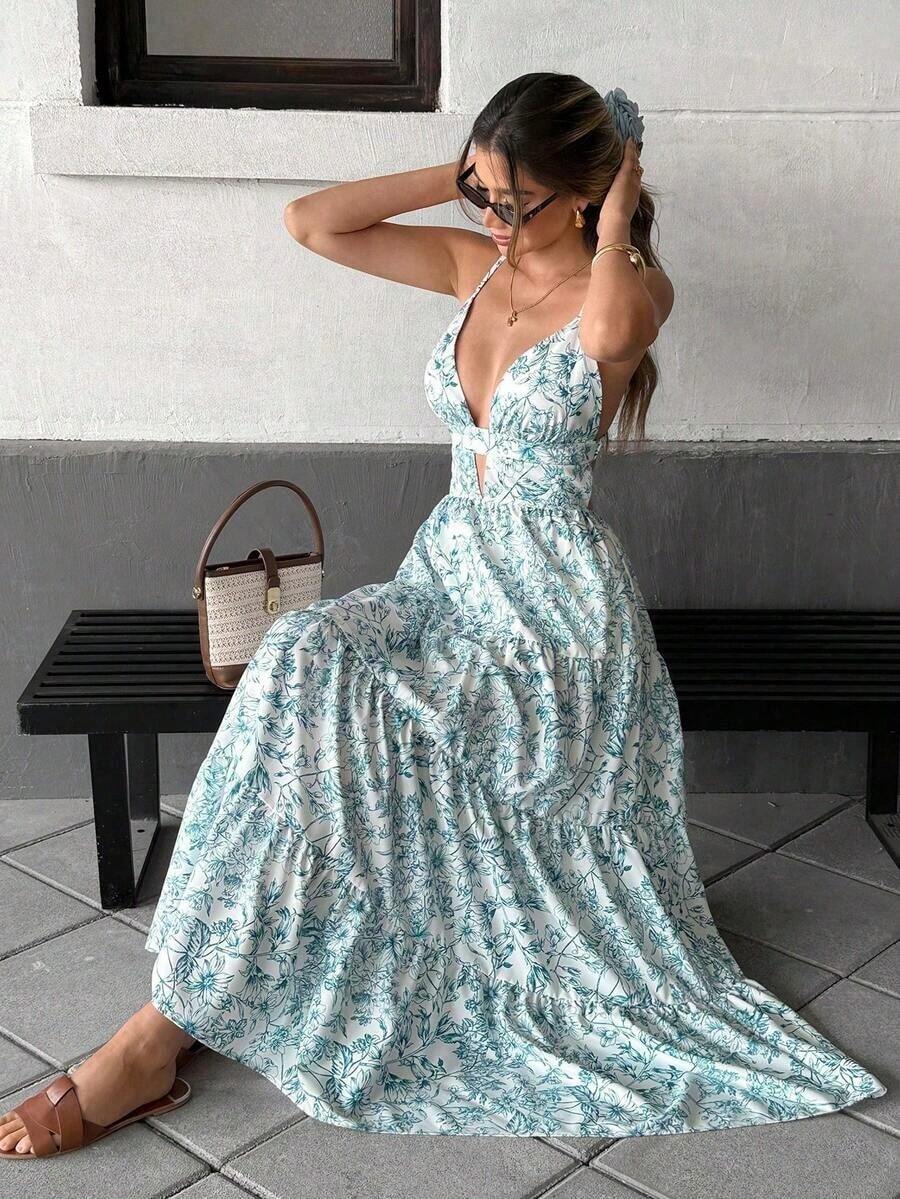 Vestido largo de tirantes con estampado de lunares para mujer, verano.Tirantes finos con diseño de escote en V profundo y corte hueco, falda amplia de múltiples niveles que es ligera y fluida.Tejido transpirable y cómodo, ideal para vacaciones en la playa y salidas diarias. - Celeste - Ver 1