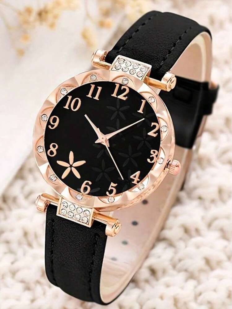 3pcs Set Fashionable Minimalist Multifunctional Women's Quartz Watch, Round Dial, Casual Versatile, Comes With Rhinestone Heart Shaped Jewelry Bracelet, Suitable For Holidays And Daily Wear - Black - View 6